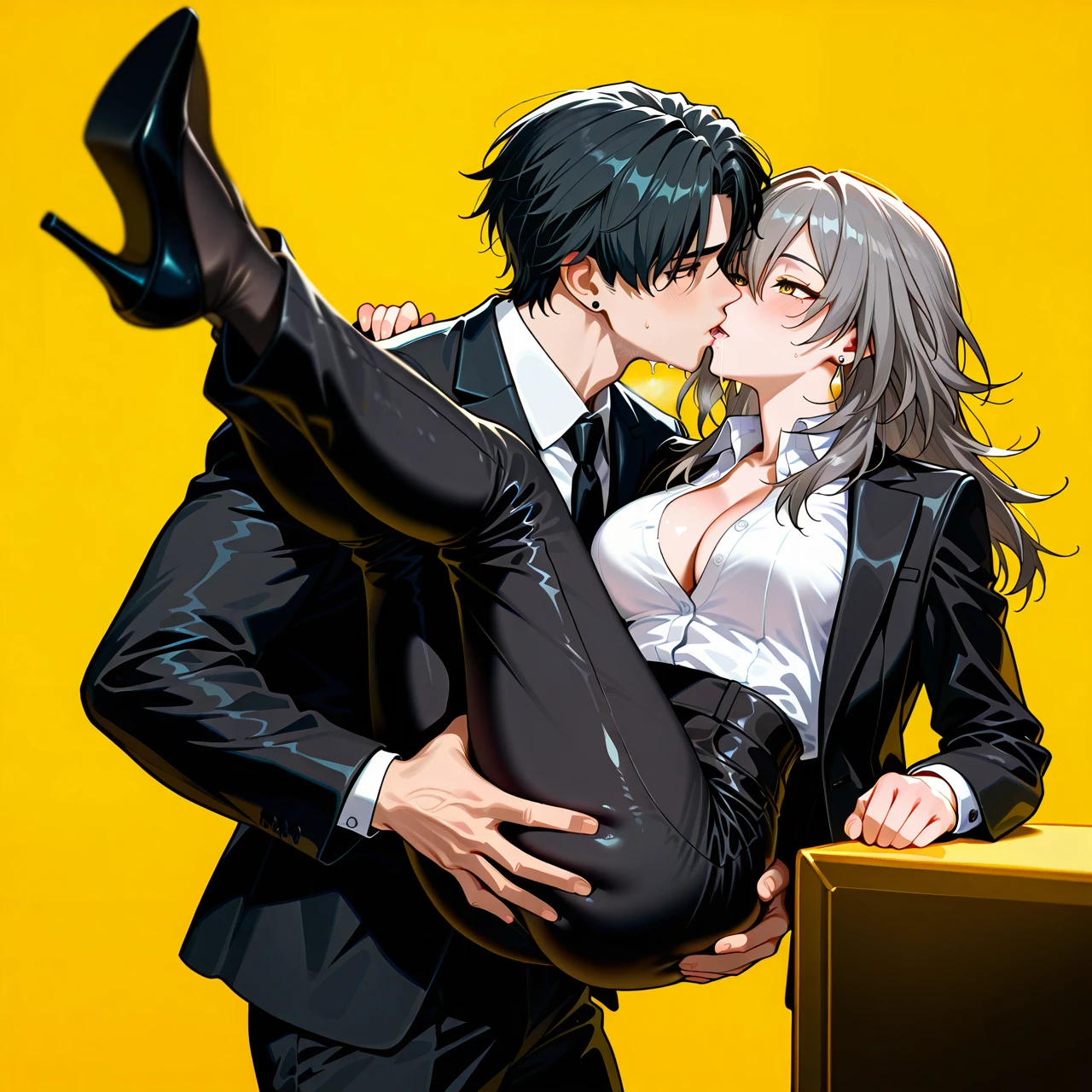 1boy, nude boy, 1girl, black jacket, black necktie, black pants, breasts, cleavage, collared shirt, dress shirt, earrings, formal, grey hair, hair between eyes, high-waist pants, classic jacket, jewelry, large breasts, long hair, long sleeves, medium breasts, necktie, open clothes, open jacket, classic pants, parted lips, shirt, shirt tucked in, stelle (honkai: star rail), suit, white shirt, yellow background, yellow eyes, heels, black tie, black socks, saliva, full body, legs up, kissing, butt grab, grab from behind,