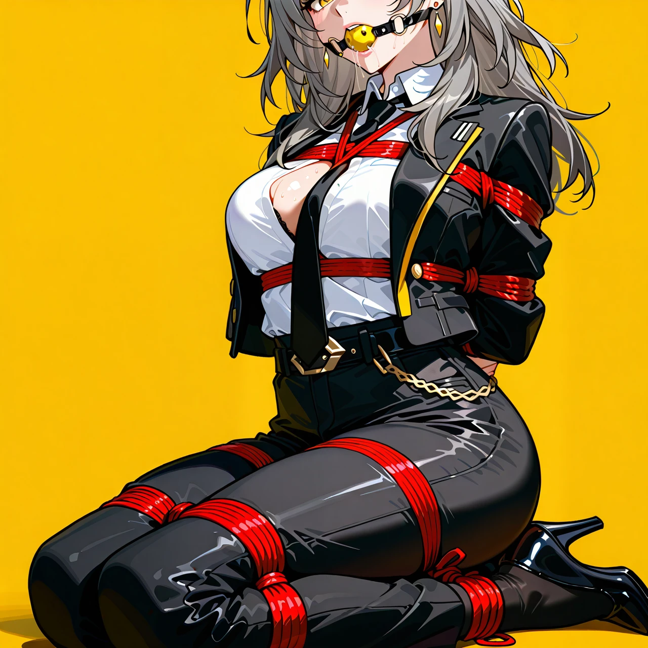 1girl, solo, one girl, belt, black belt, black jacket, black necktie, black pants, bound, bound arms, breasts, cleavage, collared shirt, dress shirt, earrings, formal, grey hair, hair between eyes, high-waist pants, classic jacket, jewelry, large breasts, long hair, long sleeves, medium breasts, necktie, open clothes, open jacket, classic pants, parted lips, ribbon, shirt, shirt tucked in, stelle \(honkai: star rail\), suit, white shirt, yellow background, yellow eyes, heels, bondage ribbon, gagged, gag, yellow ball gag, bound, bound ankles, bound arms, bound legs, rope pattern on chest, black rope, (bondage), (shibari), yellow ribbons, black tie, black socks, saliva,