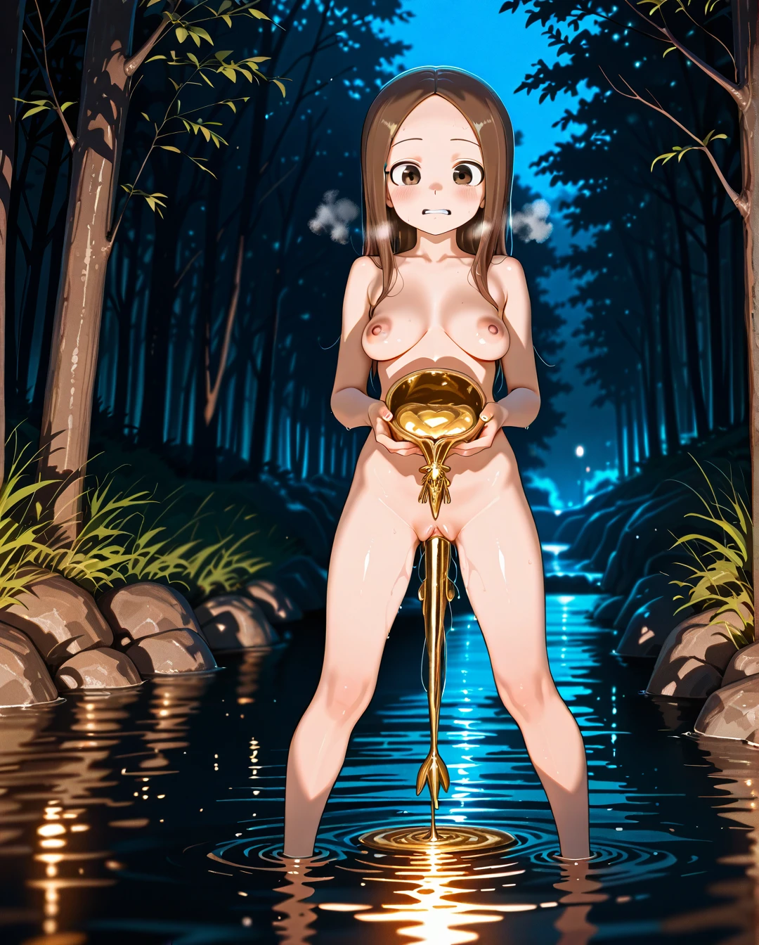 @takagi-san, (giving_birth), giving birth  gold squid ,   gold  squid half in the vaginal , at night, in river, in forest, (standing) ,  (legs_apart), (medium_breasts) ,  , from front , nude body, (heavy_breathing), (clenched_teeth) ,spread legs, ,       ,  (sagging_breasts),     ,