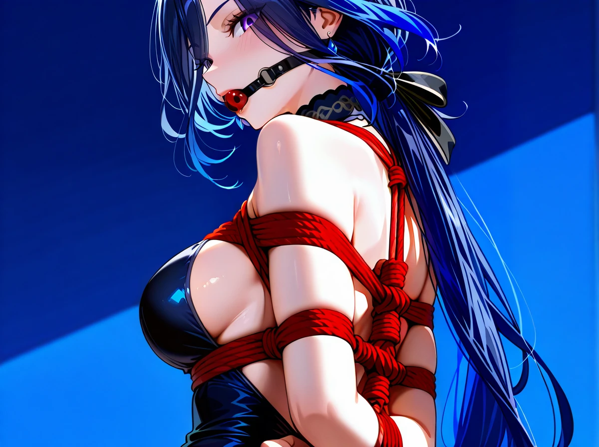 1girl, backless dress, backless outfit, bare arms, bare back, bare shoulders, black dress, blue background, blue dress, blue hair, breasts, clorinde \(genshin impact\), dress, earrings, hair between eyes, jewelry, long hair, looking at viewer, low ponytail, makeup, medium breasts, purple eyes, sideboob, solo, upper body, very long hair, heels, bondage, gagged, gag, ball gag, bound, bound ankles, bound arms, bound legs, rope pattern on chest, red rope, (bondage), (shibari)