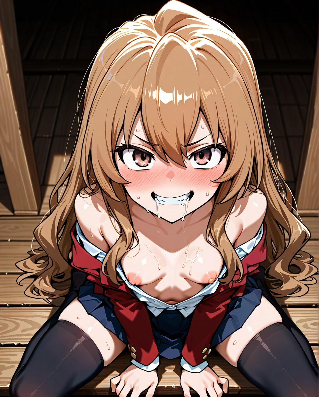 @aisaka_taiga, blush, (evil_smile), (clenched_teeth), hate,(medium_breasts), black stockings, (drooling), (v_over_mouth), schoolgirl uniform, (kneeling), (legs_apart), torns on schoolgirl uniform, torns on stomach, torns on breasts, torns on tits, torns chest, many torns, sitting on a wooden porch, so many torns, (nipple_slip)