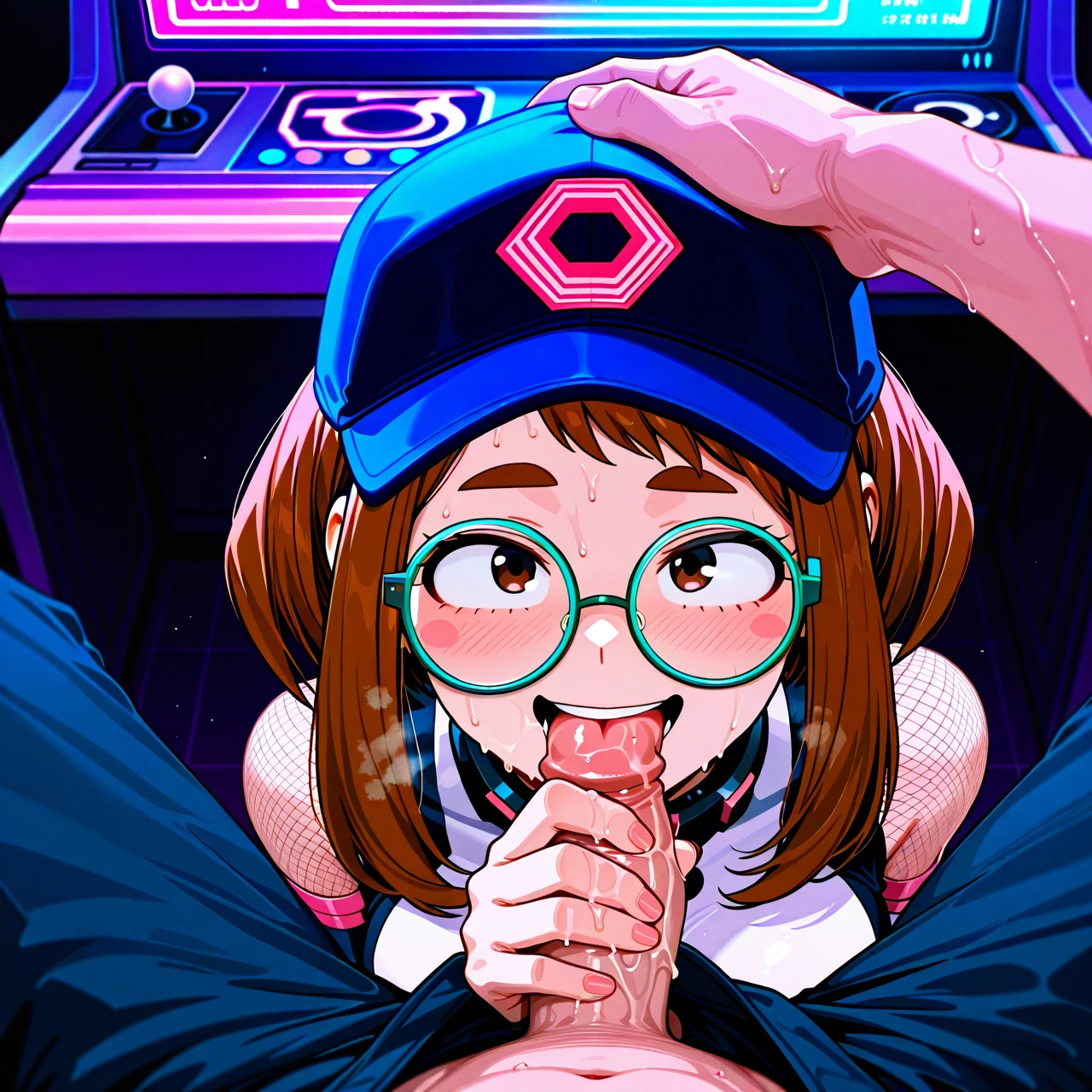 @uraraka_ochako under a arcade cabinet,, under_table, ,handjob,handjob,  a girl face_fuck,  licking_the_tip,licking_the_tip,orgasm_face, focus_on penis,,handjob, handjob,penis,irish,fishnet_body,white_sport_socks,,jumpsuit, ,happy, looking_at_viewer,headpat,headpat,blue_baseball_cap,,a synthwave hall with arcade games background ,90s vibes ,cyberpunk colored futuristic,high definition, , , circle_glasses,smell,heat,sweat