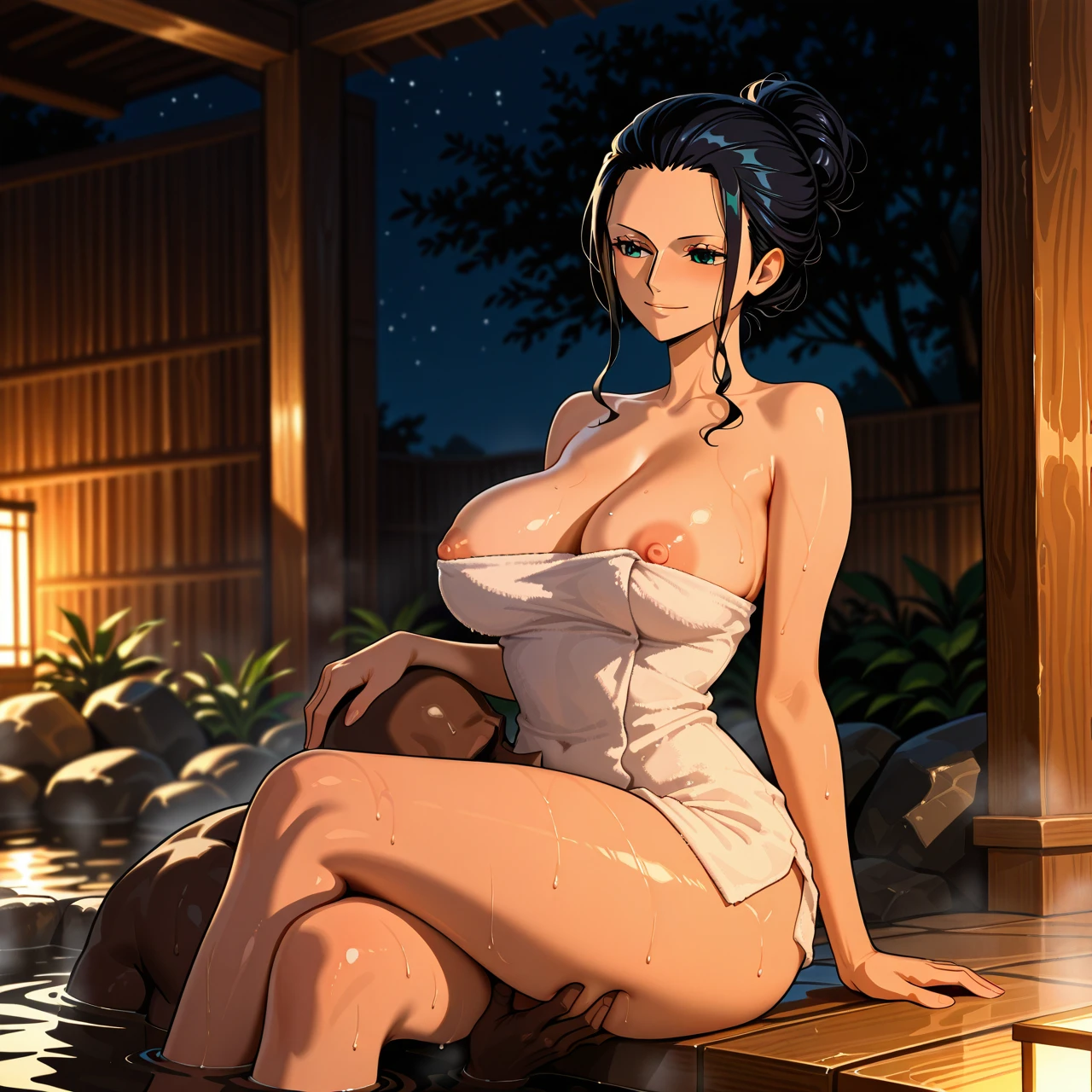 onsen, sole male, sole female, pulled back hairstyle, (crossed_legs), (mature_female) , towel, (nipple_slip) , @nico_robin, (anilingus) , rimming handjob, interracial, bbc