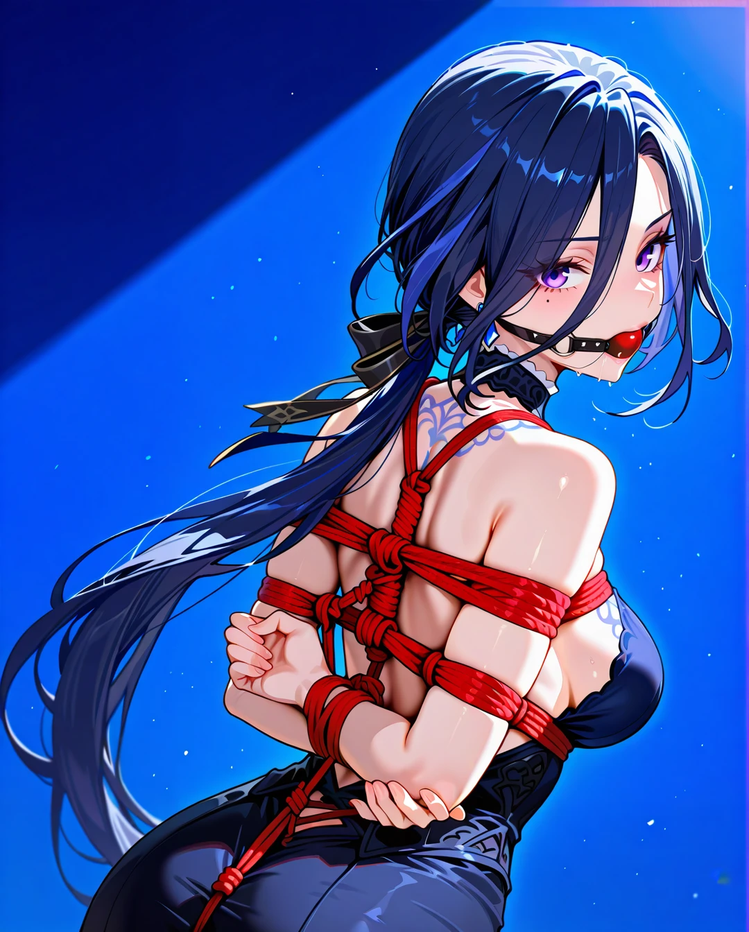 1girl, backless dress, backless outfit, bare arms, bare back, bare shoulders, black dress, blue background, blue dress, blue hair, breasts, clorinde \(genshin impact\), dress, earrings, hair between eyes, jewelry, long hair, looking at viewer, low ponytail, makeup, medium breasts, purple eyes, sideboob, solo, upper body, very long hair, heels, full body, bondage, gagged, gag, ball gag, bound, bound ankles, bound arms, bound legs, rope pattern on chest, red rope, (bondage), (shibari)