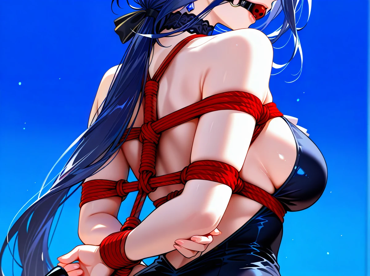 1girl, backless dress, backless outfit, bare arms, bare back, bare shoulders, black dress, blue background, blue dress, blue hair, breasts, clorinde \(genshin impact\), dress, earrings, hair between eyes, jewelry, long hair, looking at viewer, low ponytail, makeup, medium breasts, purple eyes, sideboob, solo, upper body, very long hair, heels, bondage, gagged, gag, ball gag, bound, bound ankles, bound arms, bound legs, rope pattern on chest, red rope, (bondage), (shibari)