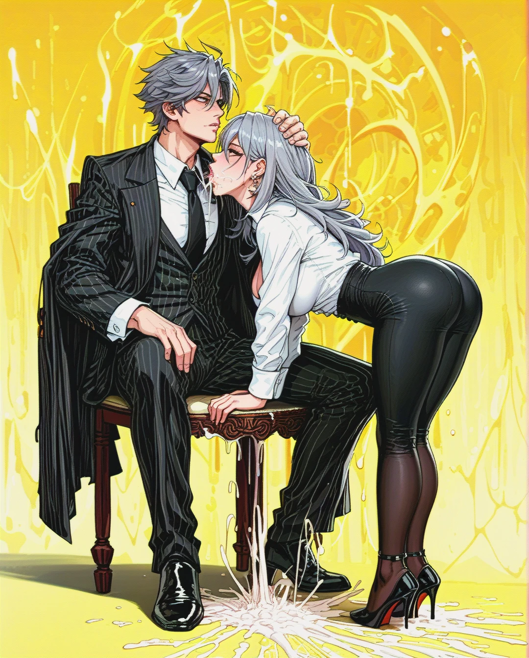 1boy, nude boy, (clothed_female_nude_male), boy is sitting,  1girl, black jacket, black necktie, black pants, breasts, cleavage, collared shirt, dress shirt, earrings, formal, grey hair, hair between eyes, high-waist pants, classic jacket, jewelry, large breasts, long hair, long sleeves, medium breasts, necktie, open clothes, open jacket, classic pants, parted lips, shirt, shirt tucked in, stelle (honkai: star rail), suit, white shirt, yellow background, yellow eyes, heels, black tie, black stockings, saliva, full body, (standing), (bent_over), (deepthroat),  head grab,  Throatpie. Excessive cum.  (from_behind), (ass_focus), view from behind,