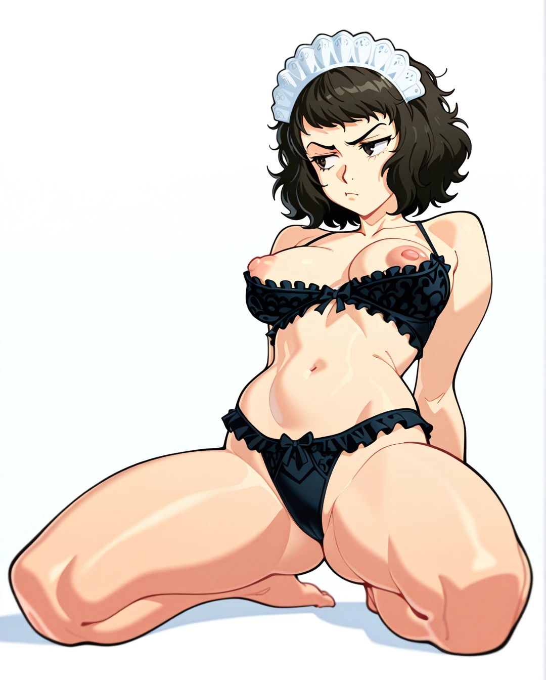 suoiresnu, @kawakami_sadayo (annoyed), fully nude, massive_hips massive_ass, (kneeling) (legs_apart), white blank background, (looking_away), full body, (puffy_nipples) (perky_breasts) (large_areolae) black lingerie (nipple_slip) frilly_black_panties pulled to side, maid hat