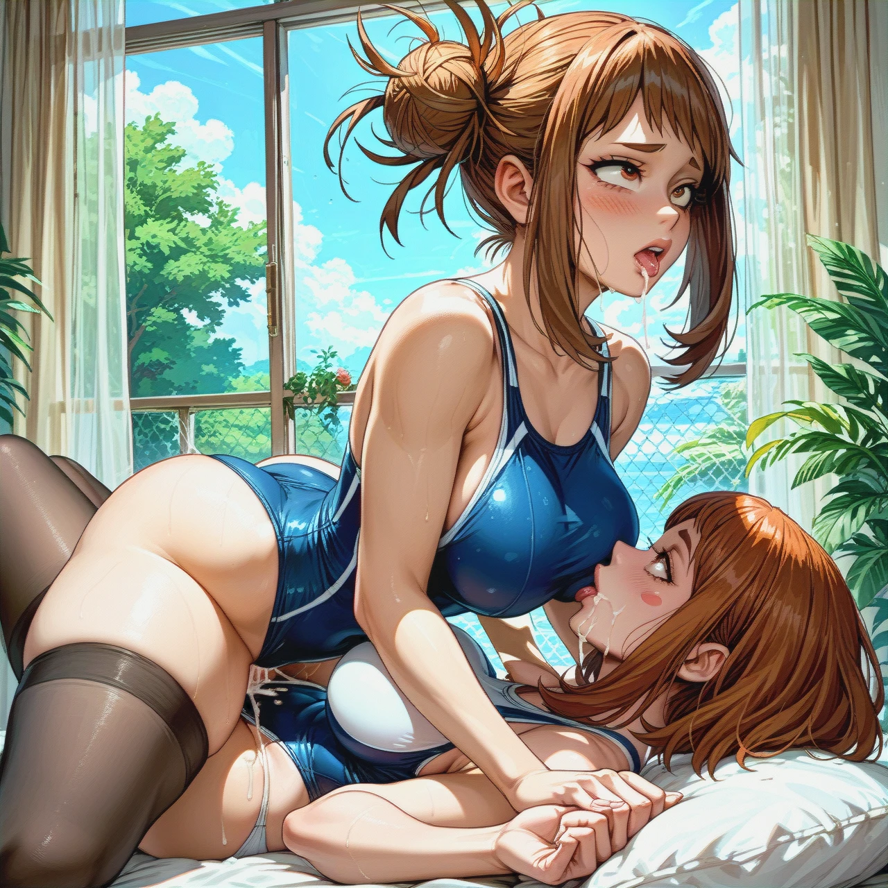 69,69 position,2girls,@uraraka_ochako,Himiko toga,stockings,school swimsuit,eyes roll back,big breasts,big hips,cum,cunnilingus