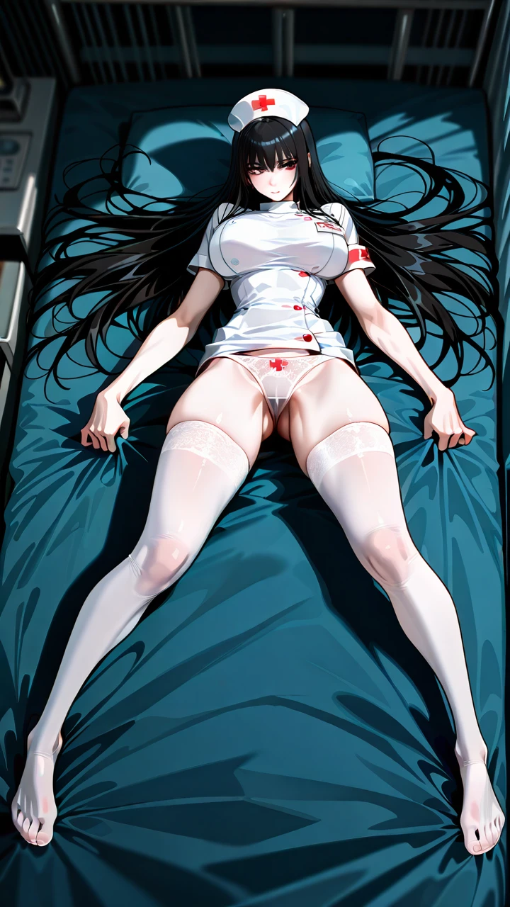 Ghost nurse, giant height, skinny body, slender legs, long arms, long legs, very long arms, very long legs, long hips, slender hips, fair skin, fair skin, pale skin, long straight hair, long black hair, straight hairs, large breasts, nurse uniform, very long legs, extremely long legs, long ankles, slender ankles, feet, white stockings, knee-length stockings, knee-length white stockings, stockinged feet, masterpiece, long arms, long wrists, lean body, toned figure, thin arms, thin legs, thin ankles, thin wrists, cute face, gigantic height, tall, tall, large stature, slender body, slender, (on_back) , extremely_slender , (legs_apart) , ass, (ass_focus) , (feet)  , apart   , (spread_legs) , (presenting_panties) , feet apart, spread feet,  (crotch_rub) ,