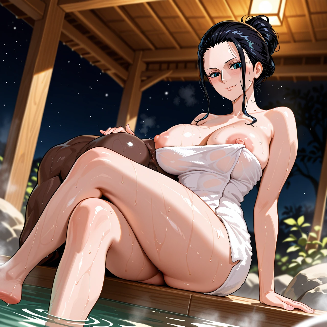 onsen, sole male, sole female, pulled back hairstyle, (crossed_legs), (mature_female) , towel, (nipple_slip) , @nico_robin, (anilingus) , rimming handjob, interracial, bbc, stud, sexy boy