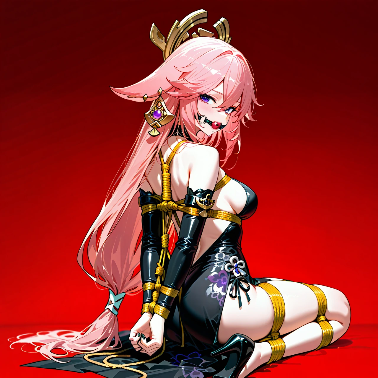 1girl, alternate costume, animal ears, backless dress, backless outfit, bare shoulders, black dress, black nails, black sleeves, breasts, detached sleeves, dress, earrings, fingernails, floppy ears, fox, fox ears, from behind, gold earrings, hair between eyes, hair ornament, jewelry, long hair, long sleeves, looking back, low-tied long hair, medium breasts, nail polish, pink fur, pink hair, purple eyes, purple gemstone, red background, side slit, sideboob, smile, solo, vision \(genshin impact\), yae miko heels, bondage, gagged, gag, pink ball gag, bound, bound ankles, bound arms, bound legs, rope pattern on chest, yellow rope, (bondage), (shibari)