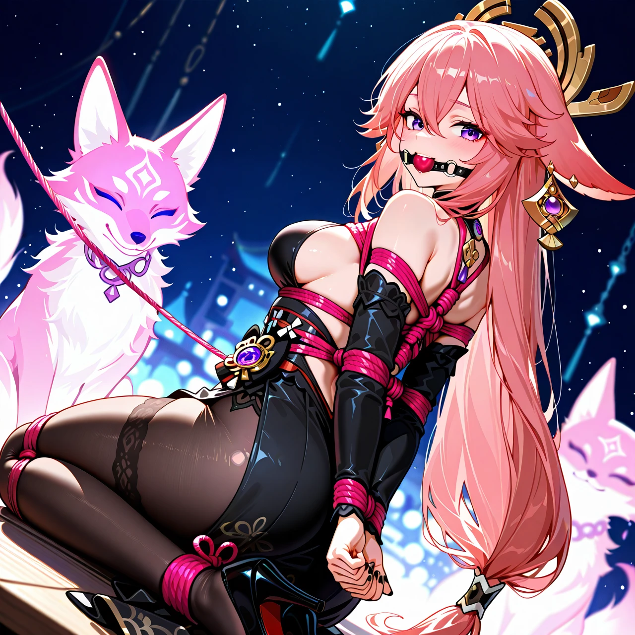 1girl, alternate costume, animal ears, backless dress, backless outfit, bare shoulders, black dress, black nails, black sleeves, breasts, detached sleeves, dress, earrings, fingernails, floppy ears, fox, fox ears, from behind, gold earrings, hair between eyes, hair ornament, jewelry, long hair, long sleeves, looking back, low-tied long hair, medium breasts, nail polish, pink fur, pink hair, purple eyes, purple gemstone, side slit, sideboob, smile, solo, vision \(genshin impact\), yae miko heels, bondage, gagged, gag, pink ball gag, bound, bound ankles, bound arms, bound legs, rope pattern on chest, pink rope, (bondage), (shibari)