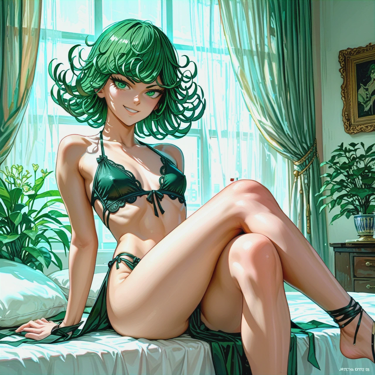 Slim @tatsumaki sitting on bed, (crossed_legs) (flat_chest) (smile) super cute,