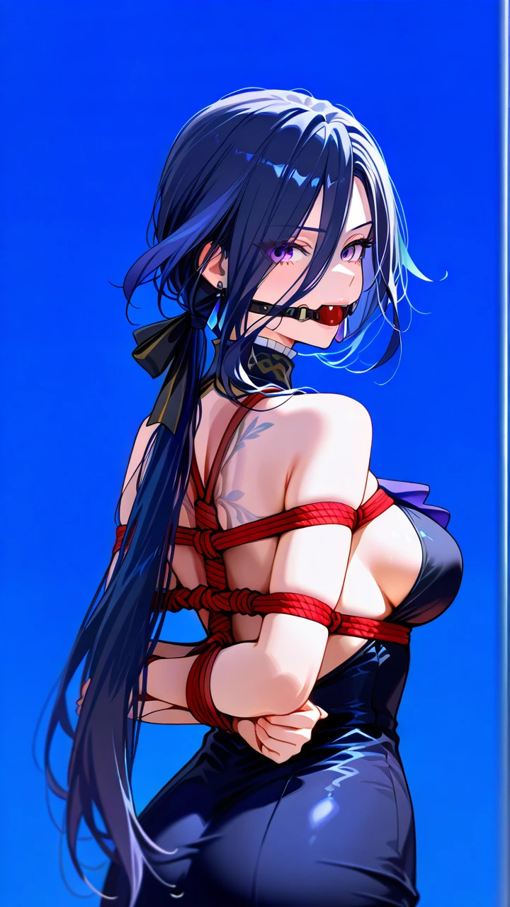 1girl, backless dress, backless outfit, bare arms, bare back, bare shoulders, black dress, blue background, blue dress, blue hair, breasts, clorinde \(genshin impact\), dress, earrings, hair between eyes, jewelry, long hair, looking at viewer, low ponytail, makeup, medium breasts, purple eyes, sideboob, solo, upper body, very long hair, heels, full body, bondage, gagged, gag, ball gag, bound, bound ankles, bound arms, bound legs, rope pattern on chest, red rope, (bondage), (shibari)