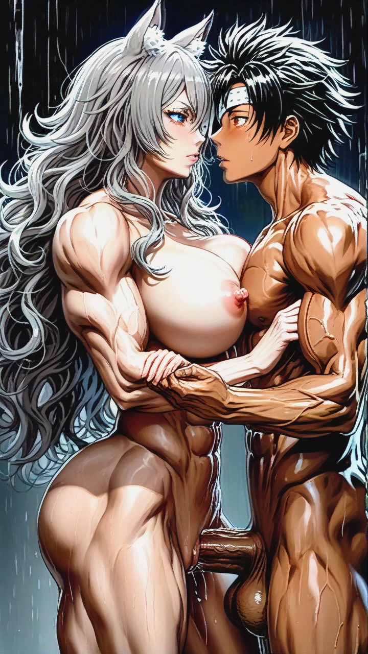 (1 girl), dominant ((Ghislaine Dedoldia from Mushoku Tensei, ((((muscular)))) (athletic), ((big breasts)), squishy, (((long wavy hair))) (((grey hair)))  ((dark skin)) (eye patch) (red left eye), in prison, high quality, best quality, perfect body, perfect face, perfect arms, perfect legs, (detail), (expansion), ((porno)), ((side view)), 16k, (pussy), (nipples), fuck @natsuki_subaru, giant penis, huge balls