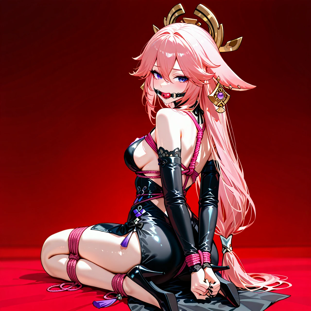 1girl, alternate costume, animal ears, backless dress, backless outfit, bare shoulders, black dress, black nails, black sleeves, breasts, detached sleeves, dress, earrings, fingernails, floppy ears, fox, fox ears, from behind, gold earrings, hair between eyes, hair ornament, jewelry, long hair, long sleeves, looking back, low-tied long hair, medium breasts, nail polish, pink fur, pink hair, purple eyes, purple gemstone, red background, side slit, sideboob, smile, solo, vision \(genshin impact\), yae miko heels, bondage, gagged, gag, pink ball gag, bound, bound ankles, bound arms, bound legs, rope pattern on chest, pink rope, (bondage), (shibari)