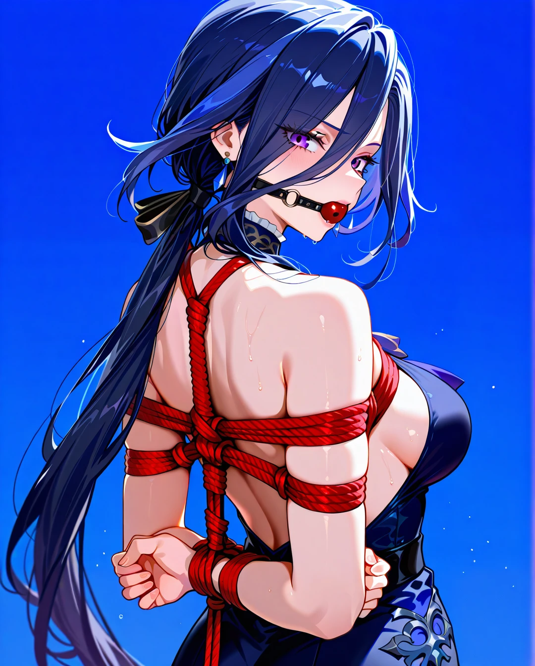 1girl, backless dress, backless outfit, bare arms, bare back, bare shoulders, black dress, blue background, blue dress, blue hair, breasts, clorinde \(genshin impact\), dress, earrings, hair between eyes, jewelry, long hair, looking at viewer, low ponytail, makeup, medium breasts, purple eyes, sideboob, solo, upper body, very long hair, heels, bondage, gagged, gag, ball gag, bound, bound ankles, bound arms, bound legs, rope pattern on chest, red rope, (bondage), (shibari)