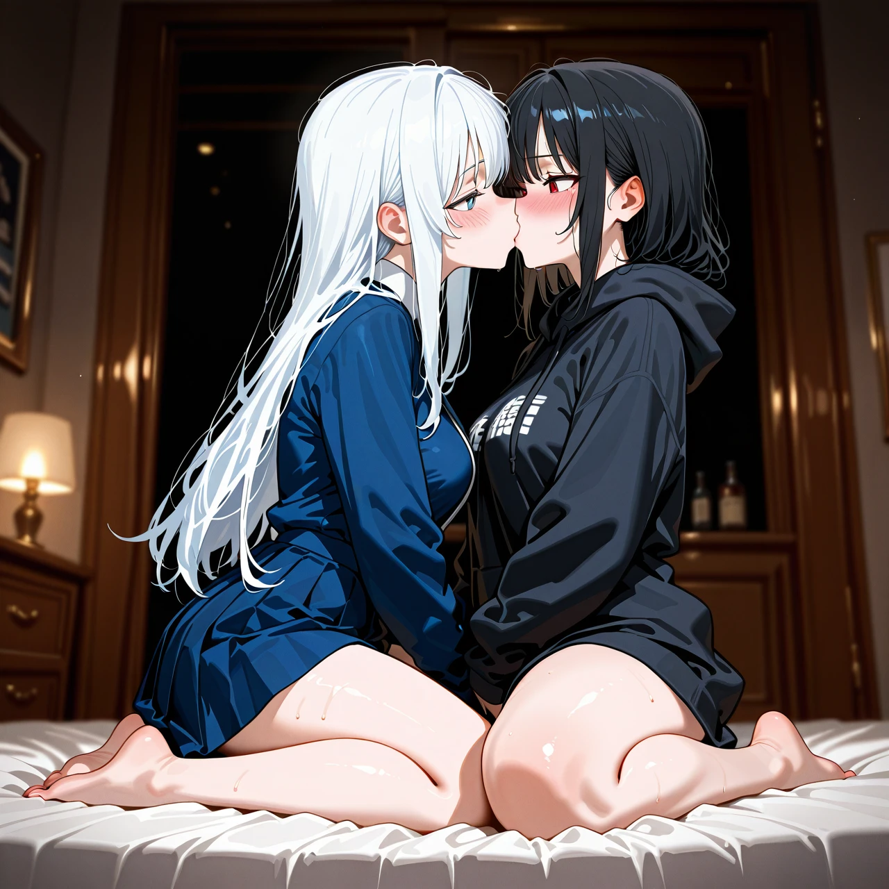 2 girls opposite each other. One with red eyes and long black hair, in a black hoodie. The second with white hair to her shoulders and blue eyes, in a dark blue uniform. Wariza. Blush. Kiss. Hands on the hips. Lesbian. Mutual masturbation.