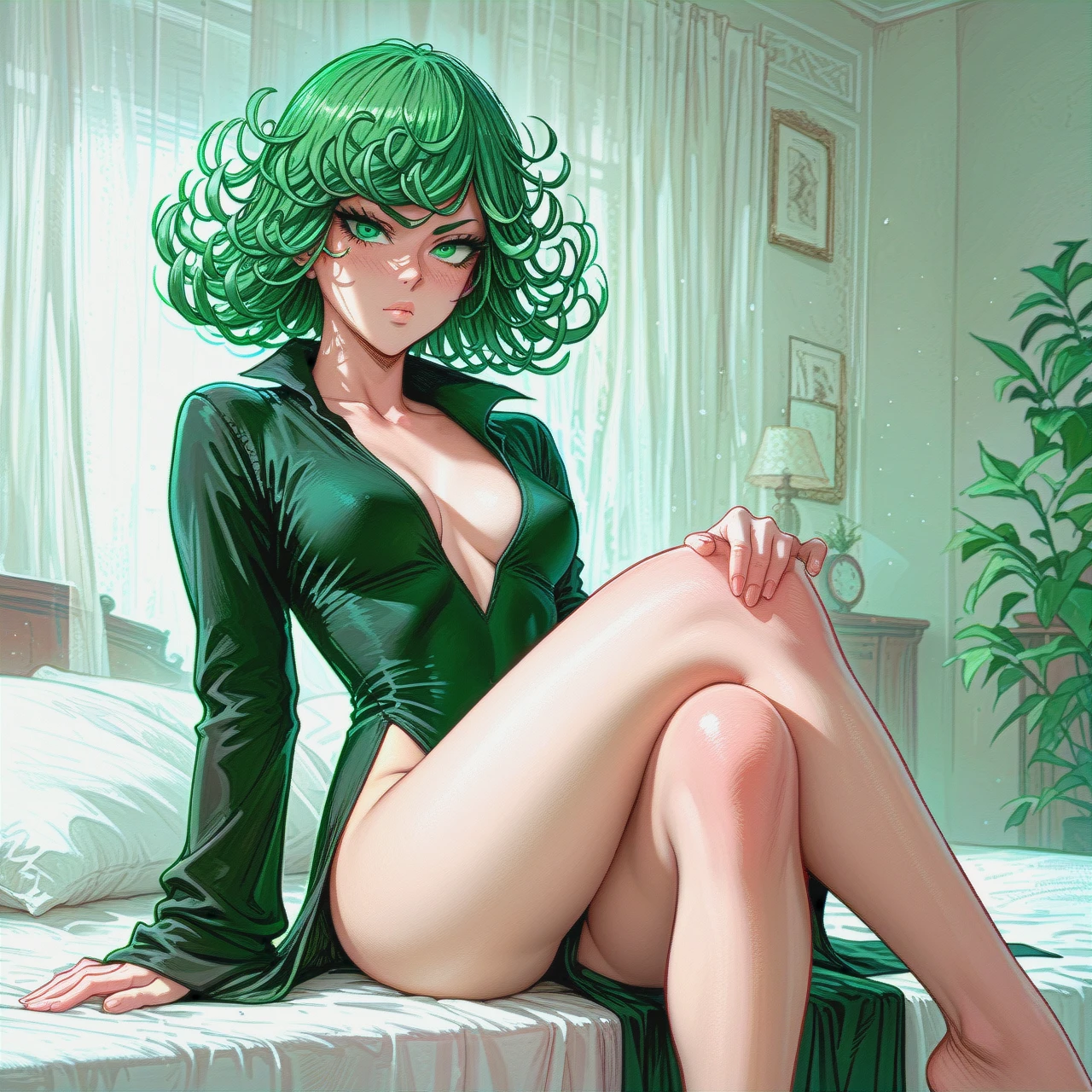 Slim @tatsumaki sitting on bed, (crossed_legs)