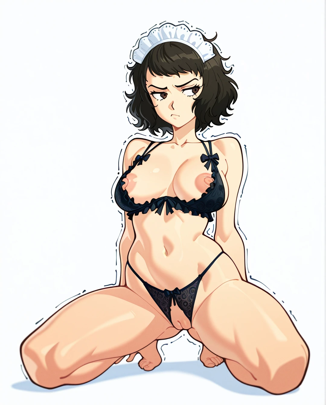 suoiresnu, @kawakami_sadayo (annoyed), innie pussy puffy pussy, fully nude, massive_hips massive_ass, (kneeling) (legs_apart), white blank background, (looking_away), full body, (puffy_nipples) (perky_breasts) (large_areolae) black lingerie (nipple_slip) frilly_black_panties pulled to side, maid hat