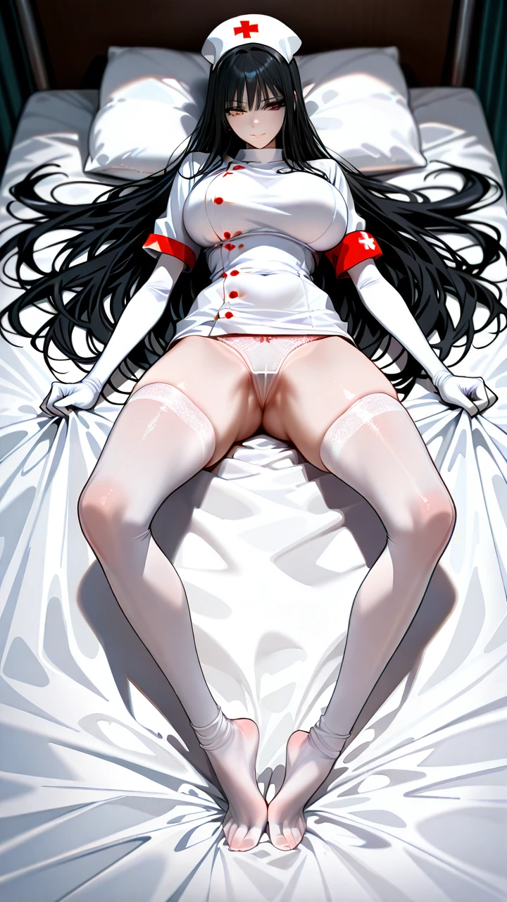 Ghost nurse, giant height, skinny body, slender legs, long arms, long legs, very long arms, very long legs, long hips, slender hips, fair skin, fair skin, pale skin, long straight hair, long black hair, straight hairs, large breasts, nurse uniform, very long legs, extremely long legs, long ankles, slender ankles, feet, white stockings, knee-length stockings, knee-length white stockings, stockinged feet, masterpiece, long arms, long wrists, lean body, toned figure, thin arms, thin legs, thin ankles, thin wrists, cute face, gigantic height, tall, tall, large stature, slender body, slender, (on_back) , extremely_slender , (legs_apart) , ass, (ass_focus) , (feet)  , apart    , (sheet_grab) , (spread_legs) , (presenting_panties) , feet apart, spread feet,  (crotch_rub) ,