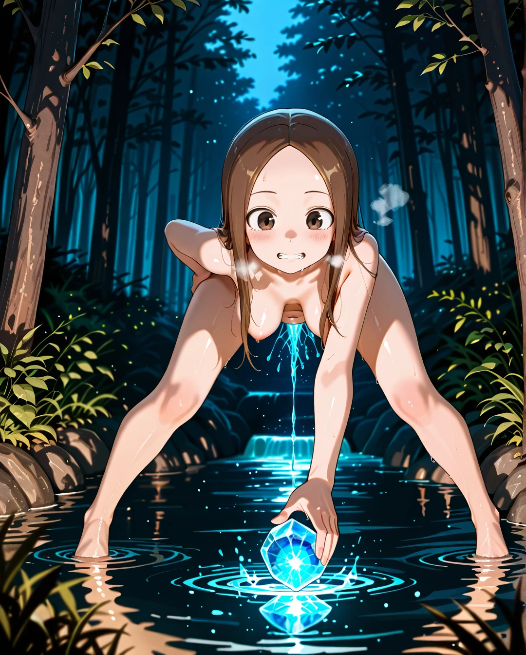 @takagi-san, (giving_birth), giving birth   many   magic  crystals,   magic  crystals full in the vaginal , at night, in river, in forest, (standing) ,  (legs_apart), (medium_breasts) ,  , from front , nude body, (heavy_breathing), (clenched_teeth) ,spread legs, ,  magic crystals full in belly ,  (hanging_breasts)