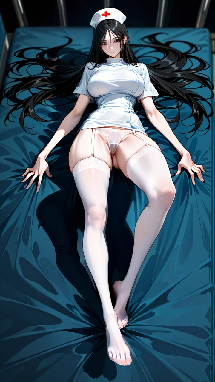 Ghost nurse, giant height, skinny body, slender legs, long arms, long legs, very long arms, very long legs, long hips, slender hips, fair skin, fair skin, pale skin, long straight hair, long black hair, straight hairs, large breasts, nurse uniform, very long legs, extremely long legs, long ankles, slender ankles, feet, white stockings, knee-length stockings, knee-length white stockings, stockinged feet, masterpiece, long arms, long wrists, lean body, toned figure, thin arms, thin legs, thin ankles, thin wrists, cute face, gigantic height, tall, tall, large stature, slender body, slender, (on_back) , extremely_slender , (legs_apart) , ass, (ass_focus) , (feet)  , apart   , (spread_legs) , (presenting_panties) , feet apart, spread feet,  (crotch_rub) ,