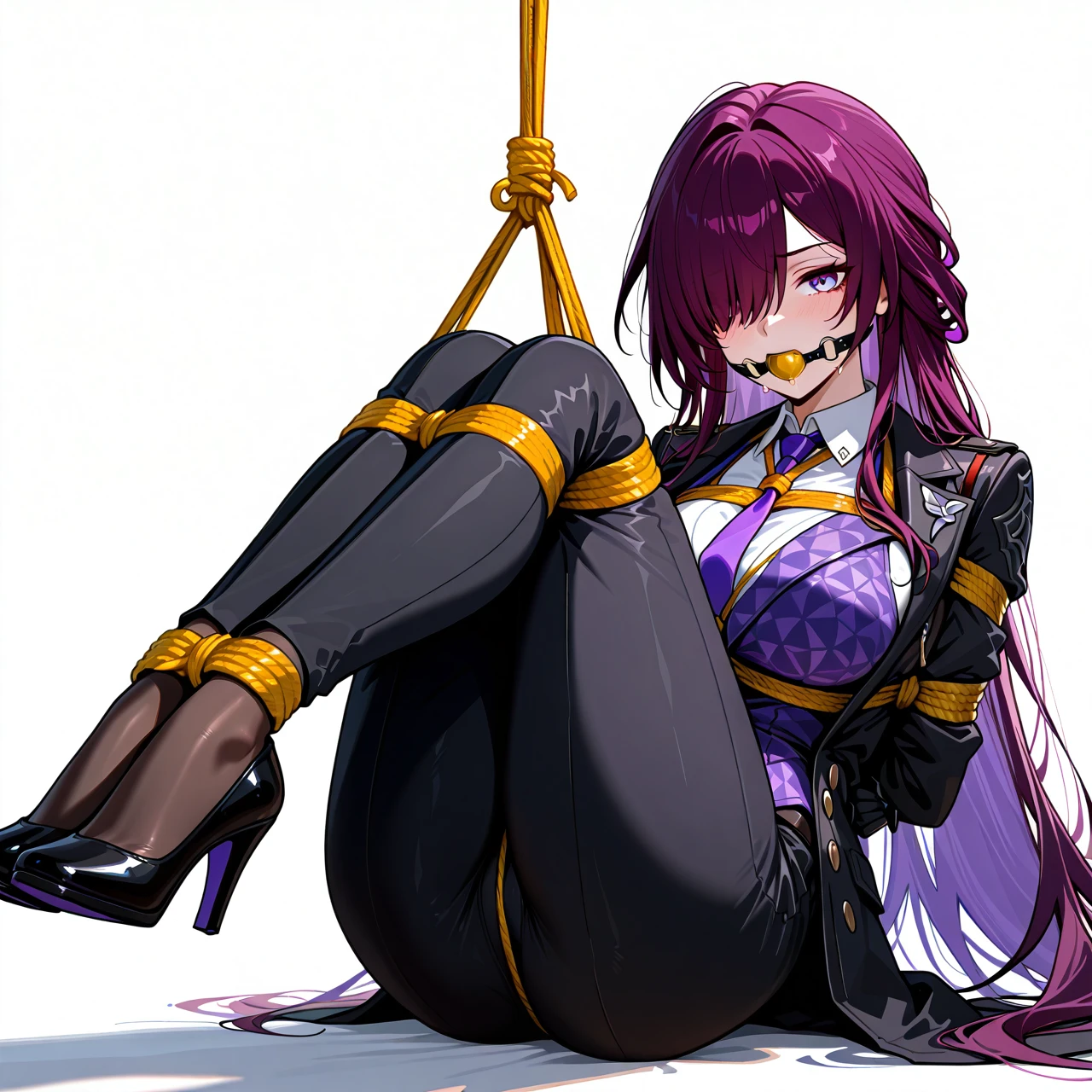 1girl, alternate costume, black gloves, black pants, breasts, coat, collared shirt, full body, gloves, hair over one eye, large breasts, long hair, necktie, pants, purple eyes, purple hair, purple necktie, purple vest, shirt, solo, very long hair, vest, white background, white shirt, Aheron (Honkai Star Rail), heels, bondage, gagged, gag, yellow ball gag, bound, bound ankles, bound arms, bound legs, rope pattern on chest, yellow rope, (bondage), (shibari)