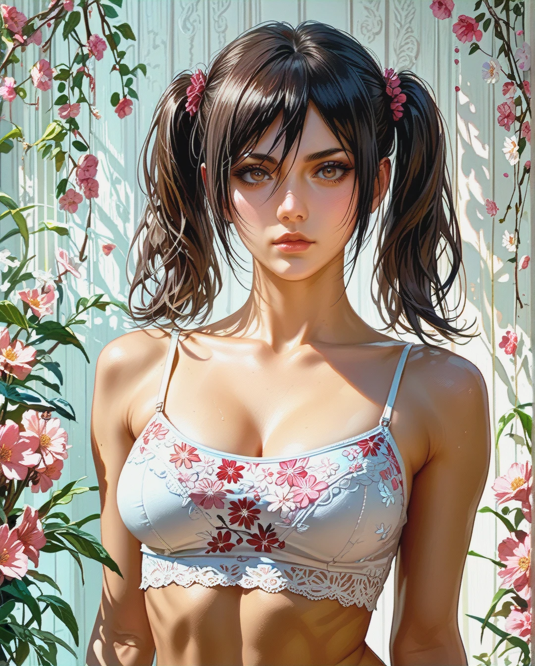 Mikasa Ackerman mature attack on Titan Twintails, Realistic Realistic,crop top camisole pink floral pulled up with white bra