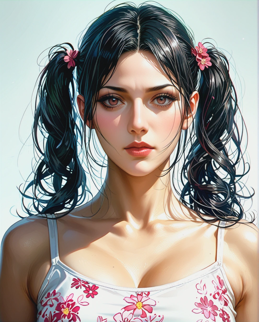 Sarada uchiha mature attack on Titan Twintails, Realistic Realistic,crop top camisole pink floral,face focus