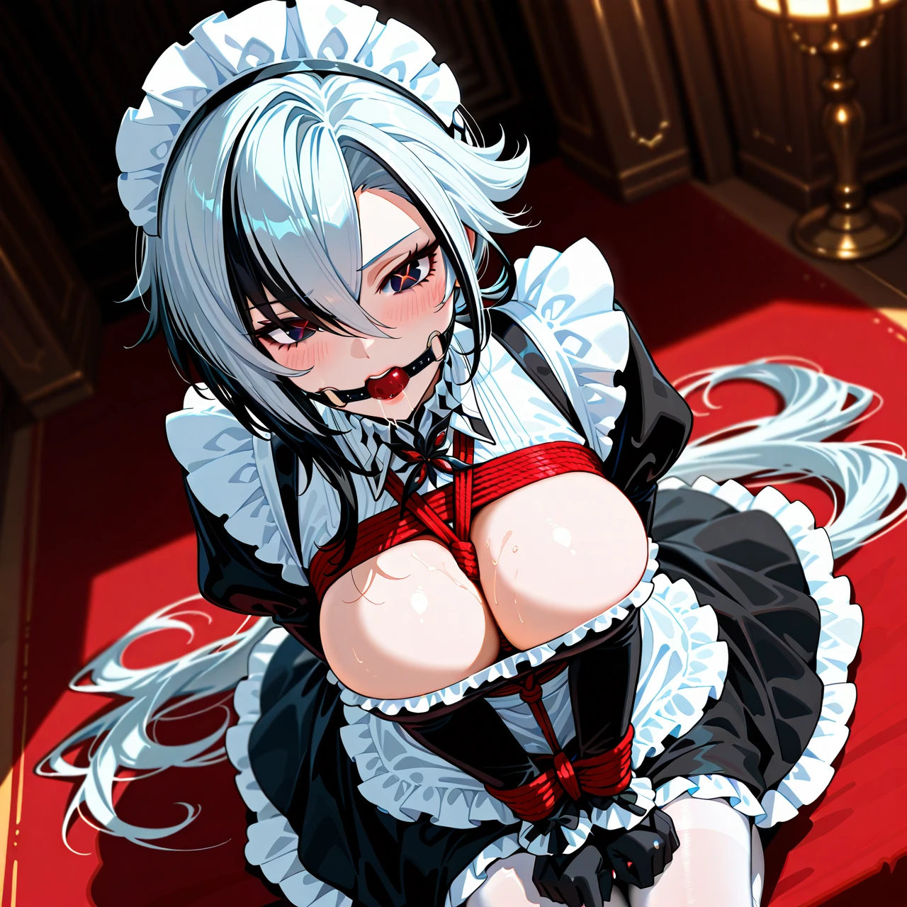 1girl, alternate costume, apron, arlecchino \(genshin impact\), black dress, black eyes, black gloves, black hair, blush, breasts, dress, enmaided, frilled apron, frills, from above, gloves, grey hair, hair between eyes, juliet sleeves, large breasts, long hair, long sleeves, maid apron, maid headdress, multicolored hair, pantyhose, parted lips, puffy sleeves, red pupils, solo, streaked hair, symbol-shaped pupils, teeth, very long hair, white apron, white hair, x-shaped pupils, Mary Jane shoes, bondage, gagged, gag, ball gag, bound, bound ankles, bound arms, bound legs, rope pattern on chest, red rope, (bondage), (shibari), saliva