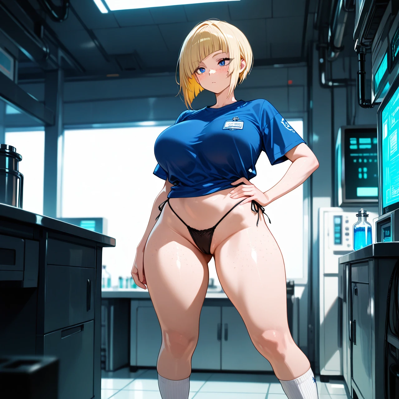 Blonde,square haircut, freckles,(curvy) ,(large_breasts) ,big hips,blue shirt,black string panties, stretched to the waist,white socks, standing,(legs_apart) , laboratory ,(hand_on_hip)