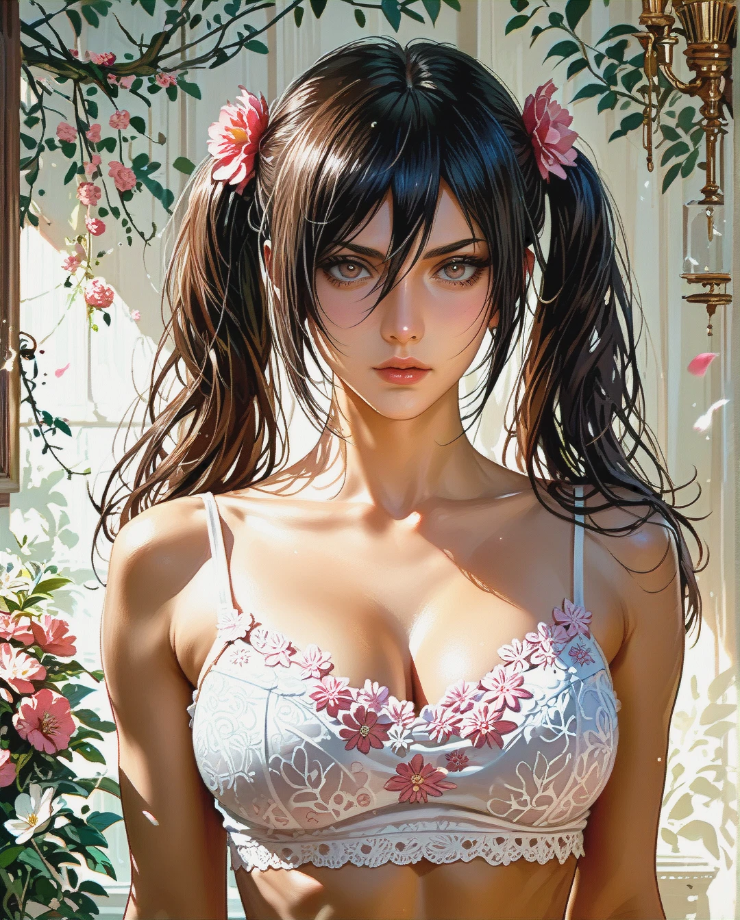 Mikasa Ackerman mature attack on Titan Twintails, Realistic Realistic,crop top camisole pink floral pulled up with white bra