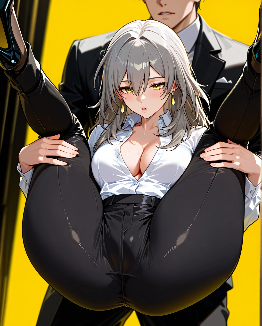 1boy, 1girl, black pants, breasts, cleavage, collared shirt, dress shirt, earrings, formal, grey hair, hair between eyes, high-waist pants, jewelry, large breasts, long hair, long sleeves, medium breasts, open clothes, classic pants, parted lips, shirt, shirt tucked in, stelle (honkai: star rail), suit, white shirt, yellow background, yellow eyes, heels, black stockings, saliva, full body,   boy is standing,  (hugging_own_legs), (spread_legs), (legs_up), (ass_focus), (fellatio)