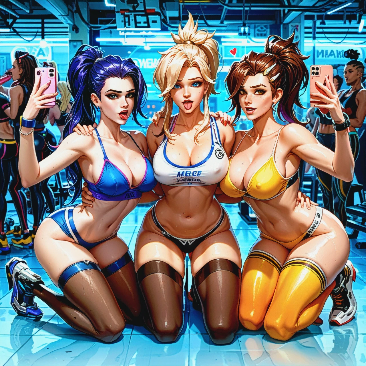 @brigitte @sombra @tracer @widowmaker @mercy (orgy) leggings (teamwork) (grabbing) many girls  selfie gym (kneeling) (ahegao)  hug 5