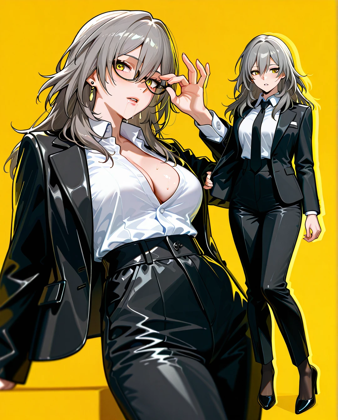 1girl, black jacket, black necktie, black pants, breasts, cleavage, collared shirt, dress shirt, earrings, formal, grey hair, hair between eyes, high-waist pants, classic jacket, jewelry, large breasts, long hair, long sleeves, medium breasts, necktie, open clothes, open jacket, classic pants, parted lips, shirt, shirt tucked in, stelle (honkai: star rail), suit, white shirt, yellow background, yellow eyes, heels, black tie, black stockings, saliva, full body,   (handjob_gesture), (adjusting_eyewear)