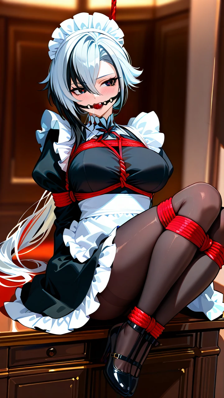 1girl, alternate costume, apron, arlecchino \(genshin impact\), black dress, black eyes, black gloves, black hair, blush, breasts, dress, enmaided, frilled apron, frills, gloves, grey hair, hair between eyes, juliet sleeves, large breasts, long hair, long sleeves, maid apron, maid headdress, multicolored hair, pantyhose, parted lips, puffy sleeves, red pupils, solo, streaked hair, symbol-shaped pupils, teeth, very long hair, white apron, white hair, x-shaped pupils, Mary Jane shoes, bondage, gagged, gag, ball gag, bound, bound ankles, bound arms, bound legs, rope pattern on chest, red rope, (bondage), (shibari), saliva