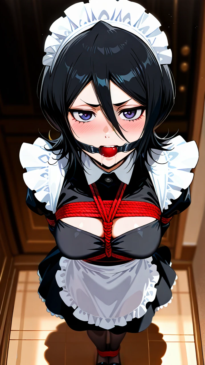 1girl, alternate costume, apron, black dress, black gloves, black hair, blush, breasts, dress, enmaided, frilled apron, frills, from above, gloves, grey hair, hair between eyes, juliet sleeves, large breasts, long hair, long sleeves, maid apron, maid headdress, pantyhose, parted lips, puffy sleeves, solo, standing, streaked hair, symbol-shaped pupils, teeth, white apron, x-shaped pupils, Mary Jane shoes, bondage, gagged, gag, ball gag, bound, bound ankles, bound arms, bound legs, rope pattern on chest, red rope, (bondage), (shibari), (saliva), @kuchiki_rukia,