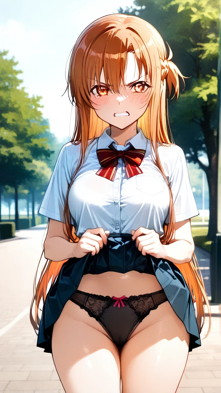 Schoolgirl costume, in the park, (angry),  (skirt_lift), 1black panties, @asuna_sao