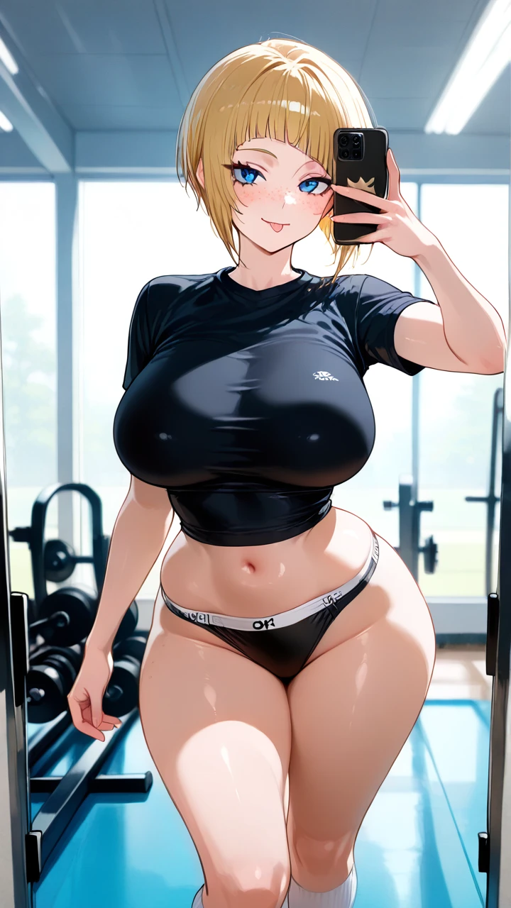 Gym, selfie, blonde,square haircut,(curvy) ,(large_breasts) ,big hips, narrow waist,black sport shirt, blacked sport panties,white socks ,:P, freckles, perfect body ,blue eyes