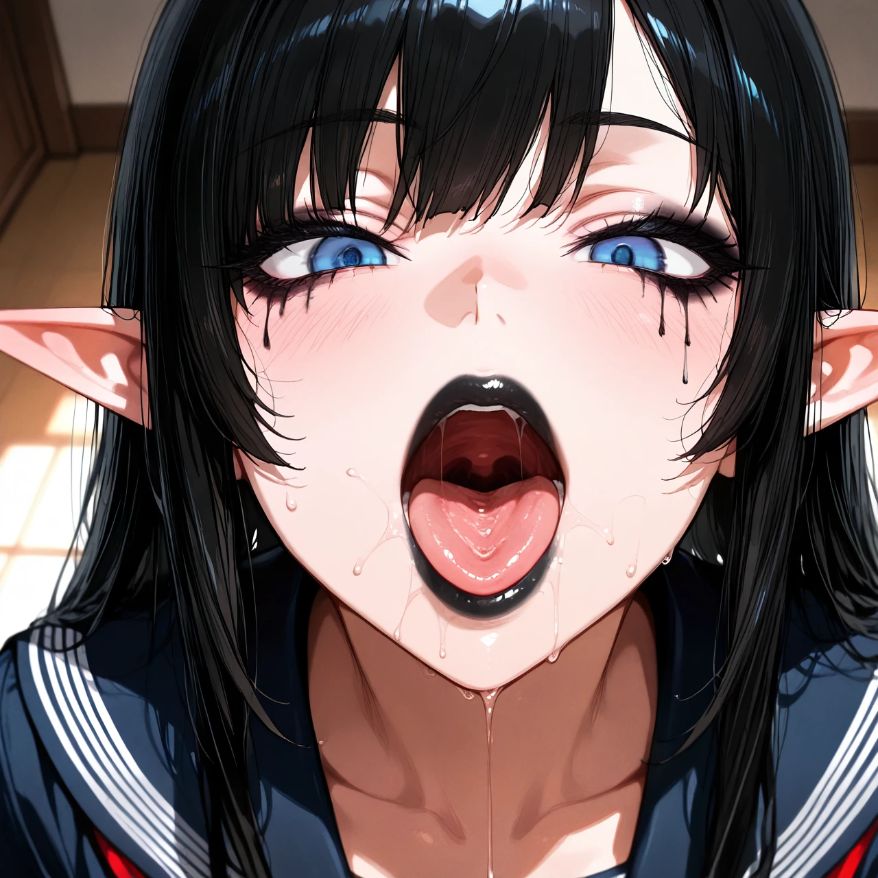 best quality, (oral_invitation), makeup, elf ears, emo girl, blue eyes, perfect face,leaking mascara, sexy face, black hair, school uniform, detailed throat, face focus, black lips