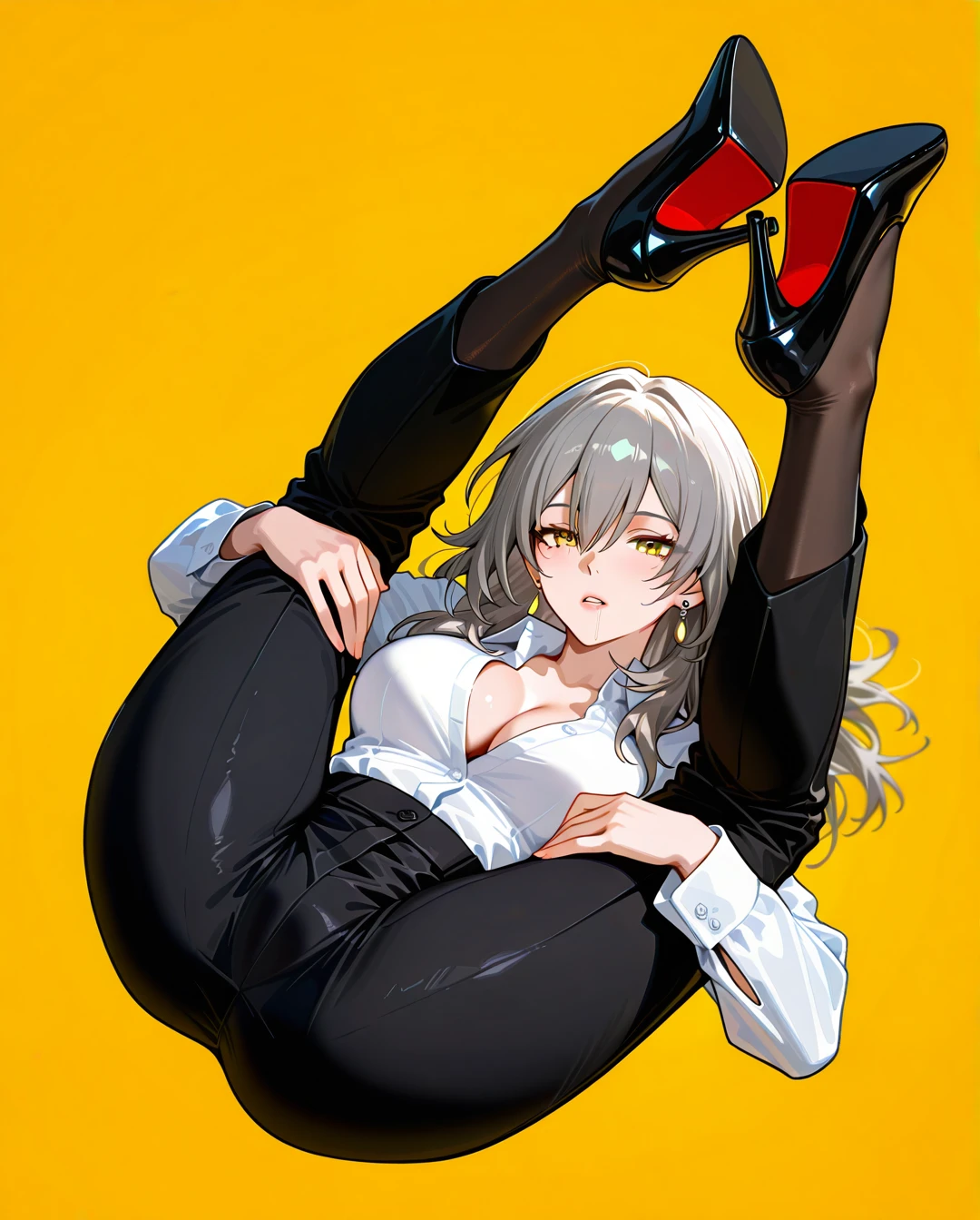 1girl, black pants, breasts, cleavage, collared shirt, dress shirt, earrings, formal, grey hair, hair between eyes, high-waist pants, jewelry, large breasts, long hair, long sleeves, medium breasts, open clothes, classic pants, parted lips, shirt, shirt tucked in, stelle (honkai: star rail), suit, white shirt, yellow background, yellow eyes, heels, black stockings, saliva, full body,   (hugging_own_legs), (spread_legs), (legs_up)