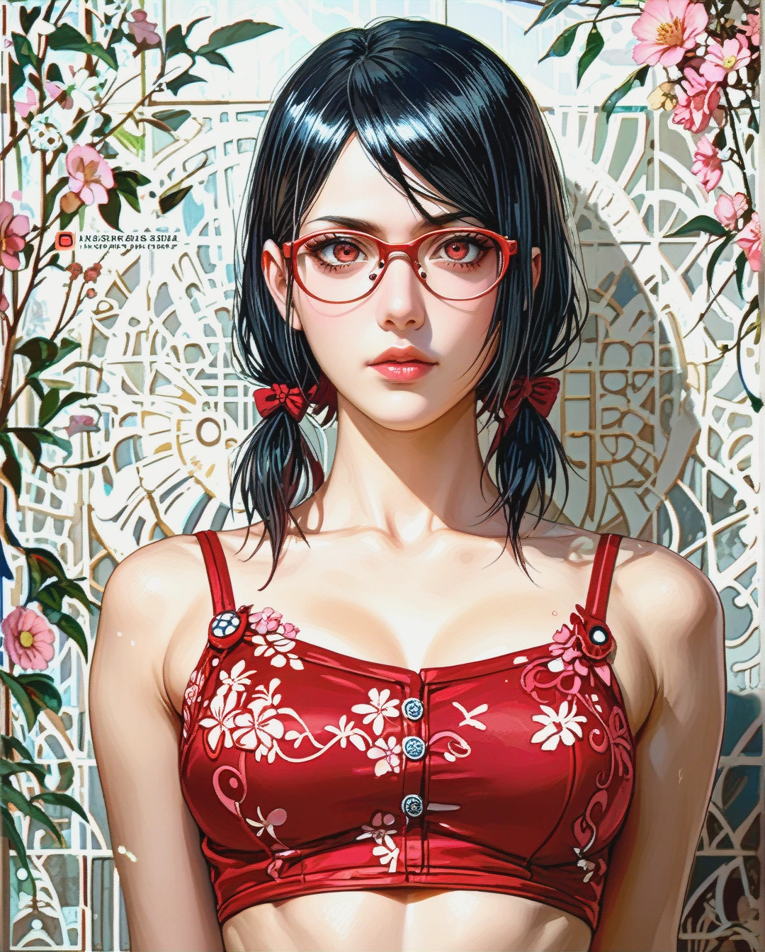 @sarada_uchiha attack on Titan Twintails, Realistic Realistic, crop top camisole pink floral,face