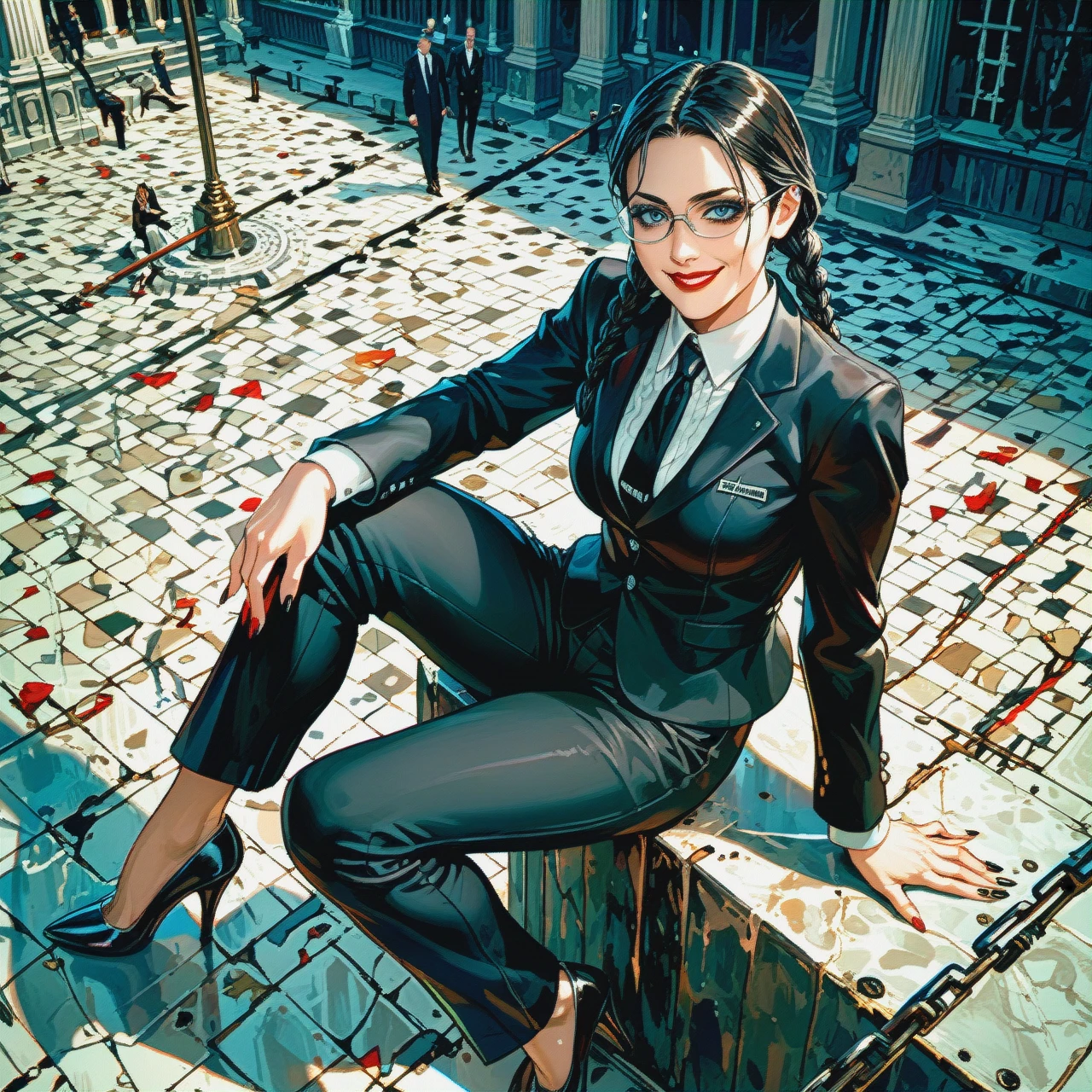 Wednesday Addams, sitting on a pedestal, smiling, glasses, jacket, trousers, high heels. Arena.