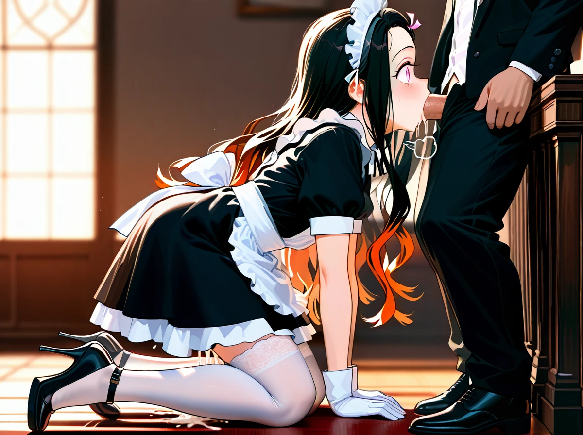 @kamado_nezuko,   (wide-eyed), (full_body),   petite, teen, early_teen,  maid_uniform, white_stockings, white_gloves_lace, stiletto_heels,  maid_dress,   (open_mouth), (sigh), (eye_contact),  (kneeling),   (sex), (deep_penetration), (ejaculating_while_penetrated), (grabbing), (arm_held_back), (group_sex), (fellatio),