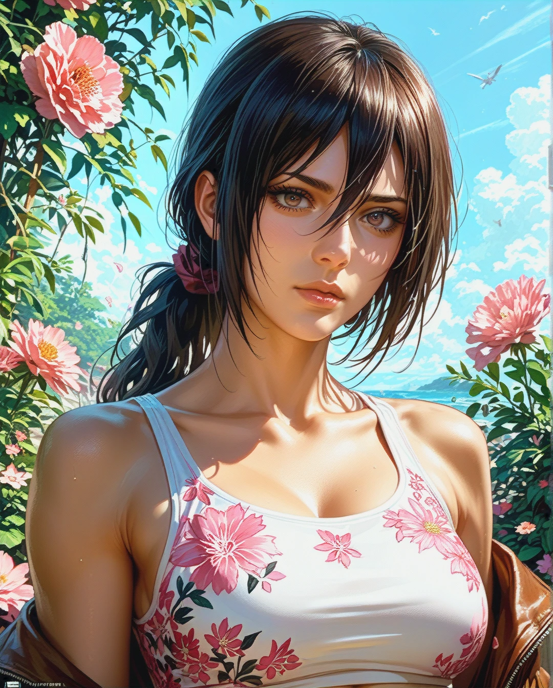 Mikasa Ackerman mature attack on Titan crop top ponytail, Realistic Realistic, pink floral,face