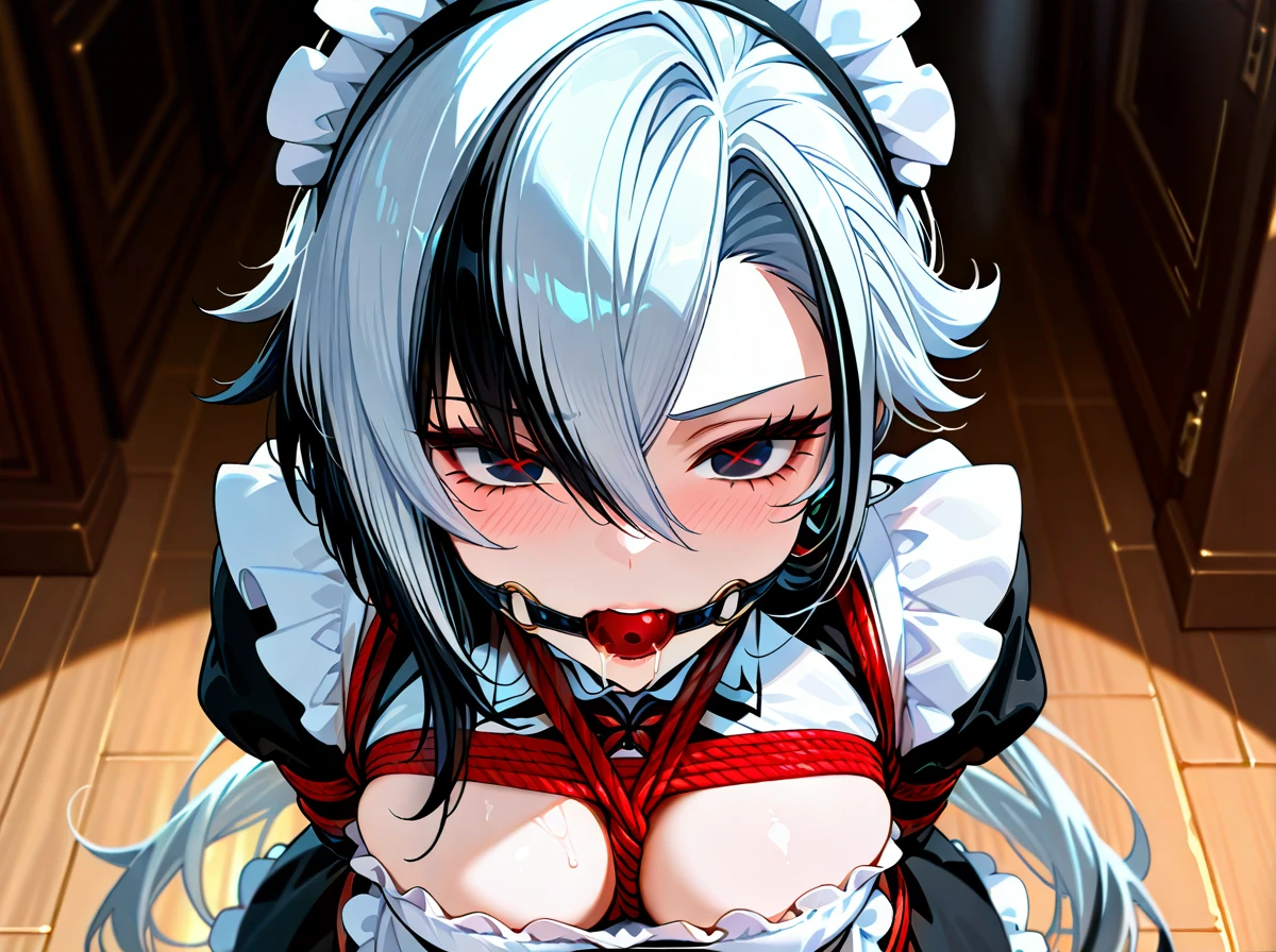 1girl, alternate costume, apron, arlecchino \(genshin impact\), black dress, black eyes, black gloves, black hair, blush, breasts, dress, enmaided, frilled apron, frills, from above, gloves, grey hair, hair between eyes, juliet sleeves, large breasts, long hair, long sleeves, maid apron, maid headdress, multicolored hair, pantyhose, parted lips, puffy sleeves, red pupils, solo, standing, streaked hair, symbol-shaped pupils, teeth, very long hair, white apron, white hair, x-shaped pupils, Mary Jane shoes, bondage, gagged, gag, ball gag, bound, bound ankles, bound arms, bound legs, rope pattern on chest, red rope, (bondage), (shibari), saliva