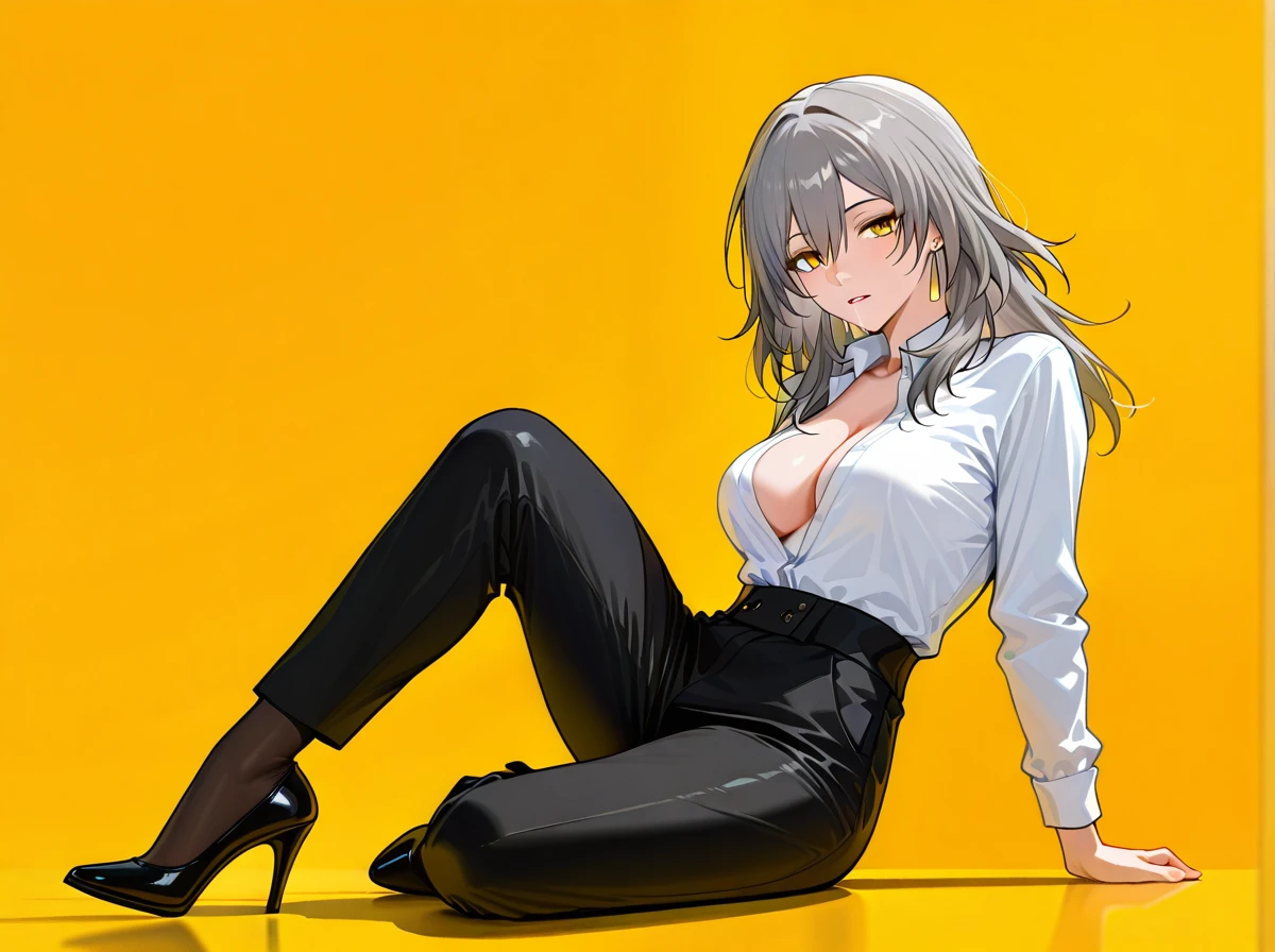 1girl, black pants, breasts, cleavage, collared shirt, dress shirt, earrings, formal, grey hair, hair between eyes, high-waist pants, jewelry, large breasts, long hair, long sleeves, medium breasts, open clothes, classic pants, parted lips, shirt, shirt tucked in, stelle (honkai: star rail), suit, white shirt, yellow background, yellow eyes, heels, black stockings, saliva, full body,   (arm_support)