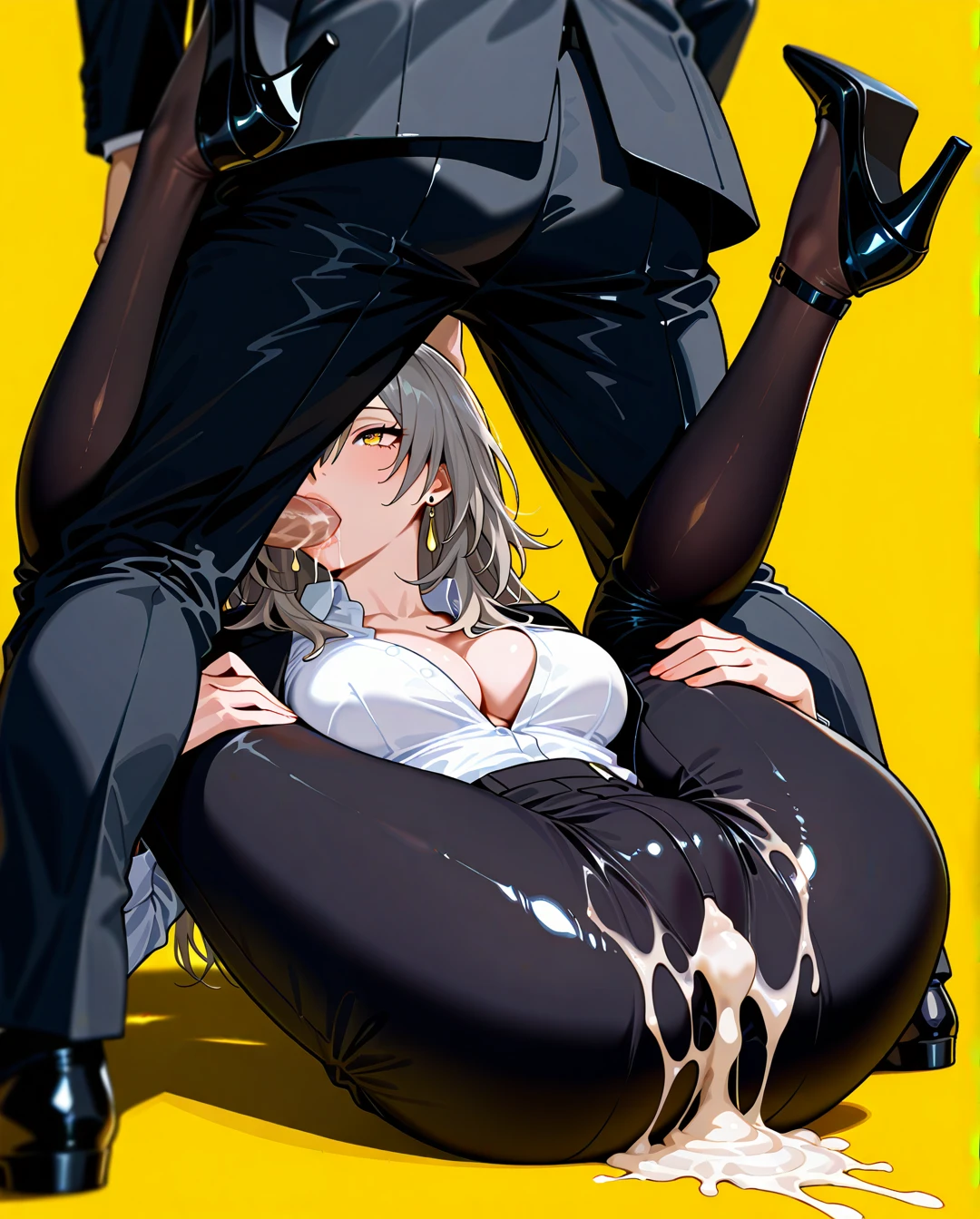 1boy, 1girl, black pants, breasts, cleavage, collared shirt, dress shirt, earrings, formal, grey hair, hair between eyes, high-waist pants, jewelry, large breasts, long hair, long sleeves, medium breasts, open clothes, classic pants, parted lips, shirt, shirt tucked in, stelle (honkai: star rail), suit, white shirt, yellow background, yellow eyes, heels, black stockings, saliva, full body,   Throatpie. Excessive cum.  (hugging_own_legs), (spread_legs), (legs_up), (ass_focus), (fellatio)