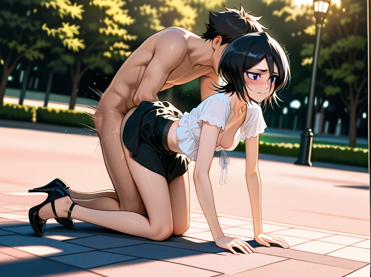 @kuchiki_rukia,   (wide_shot), (dutch_angle), (full_body),   (skinny), petite,   casual_clothes, casual_blouse, casual_skirt, high_heel_ankle,   (all_fours),  (embarrassed),   park, (public_indecency),   2_boys, (sex), (sex_from_behind), (grabbing), (irrumatio), (breasts_out),